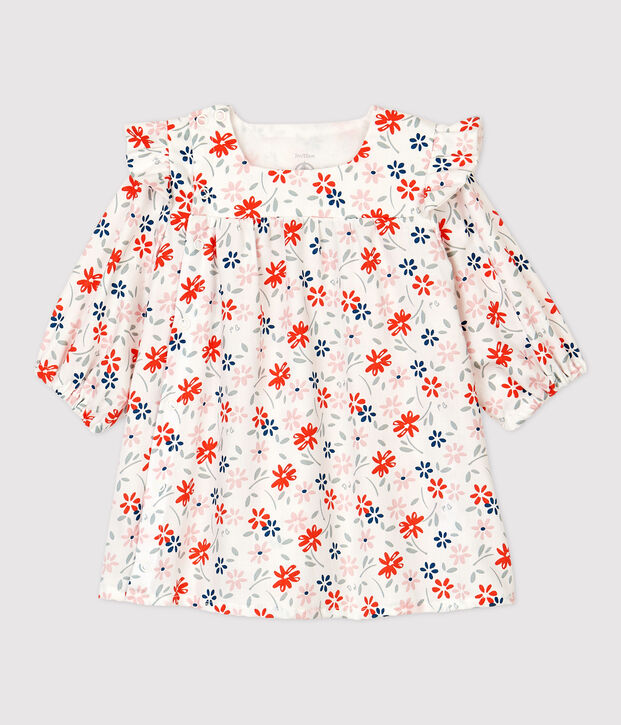 Vestido con flores de beb&eacute; ni&ntilde;a de sarga de algod&oacute;n org&aacute;nico blanco/multicolor